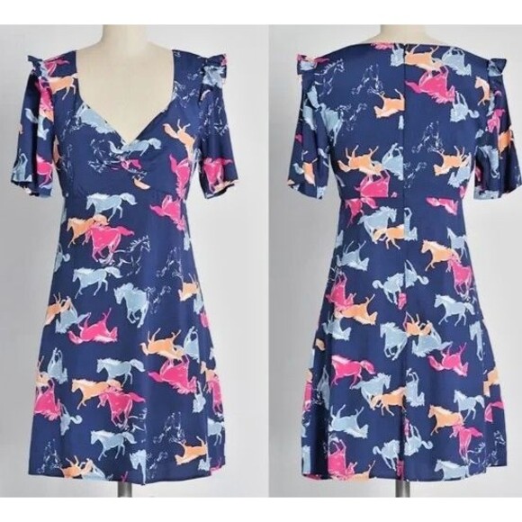 Anthropologie Dresses & Skirts - Anthropologie Modcloth Blue Horse Equestrian Dress Short Ruffle Sleeved XL